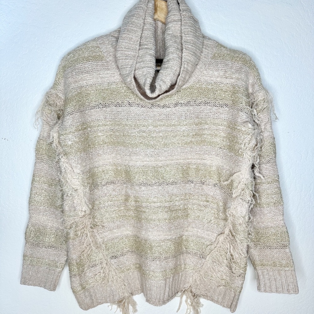 KENSIE Sweater Fringe Beige Multi-textured Cowl Neck Medium M NWT